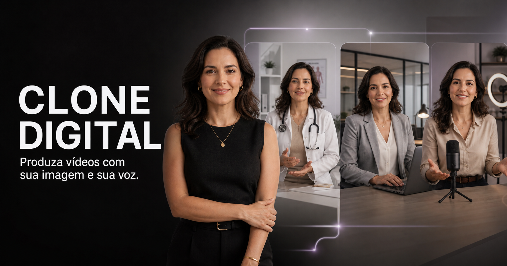 Uma profissional e versões personalizadas dela em um consultório, escritório e estúdio de conteúdo