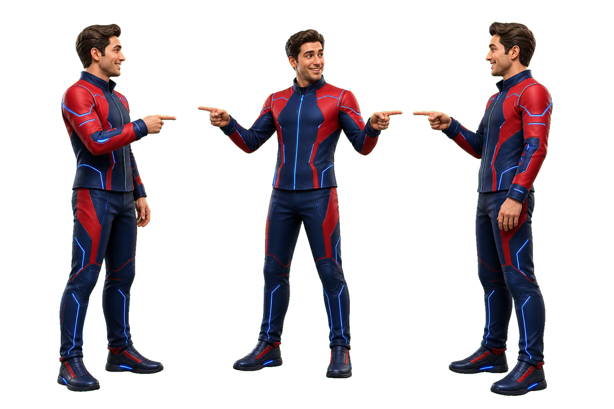 Três versões idênticas do mesmo personagem, de corpo inteiro, apontando umas para as outras